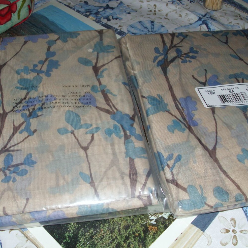 nwt 3 pr 60 by 84 curtains semi sheer. beige blue.